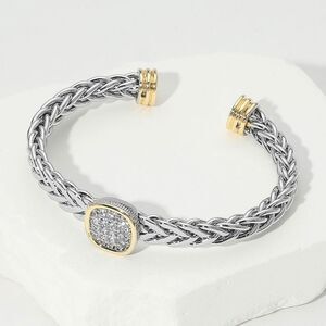 Two Tone 14K CZ Crystal Square Stone Silver Braided Cable Cuff Bracelet Jewelry
